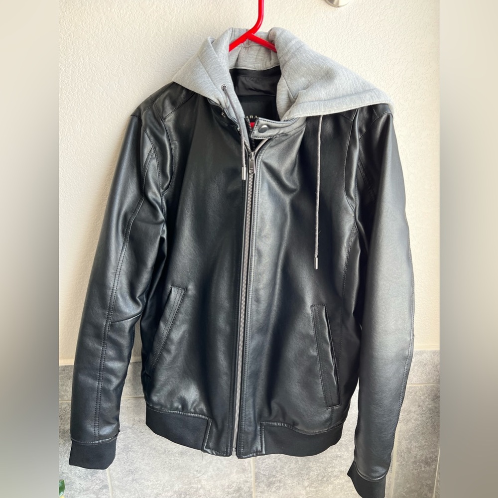 ZARA MAN Double Zipper Faux Leather Jacket w/ Removable Hoodie